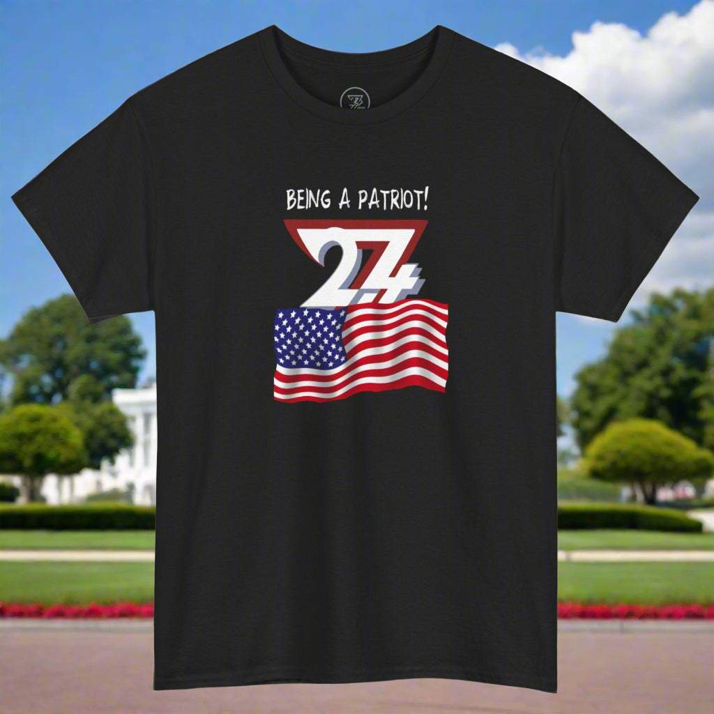 Black US Patriot T-shirt with July 4th American flag design and "Being a Patriot!" text