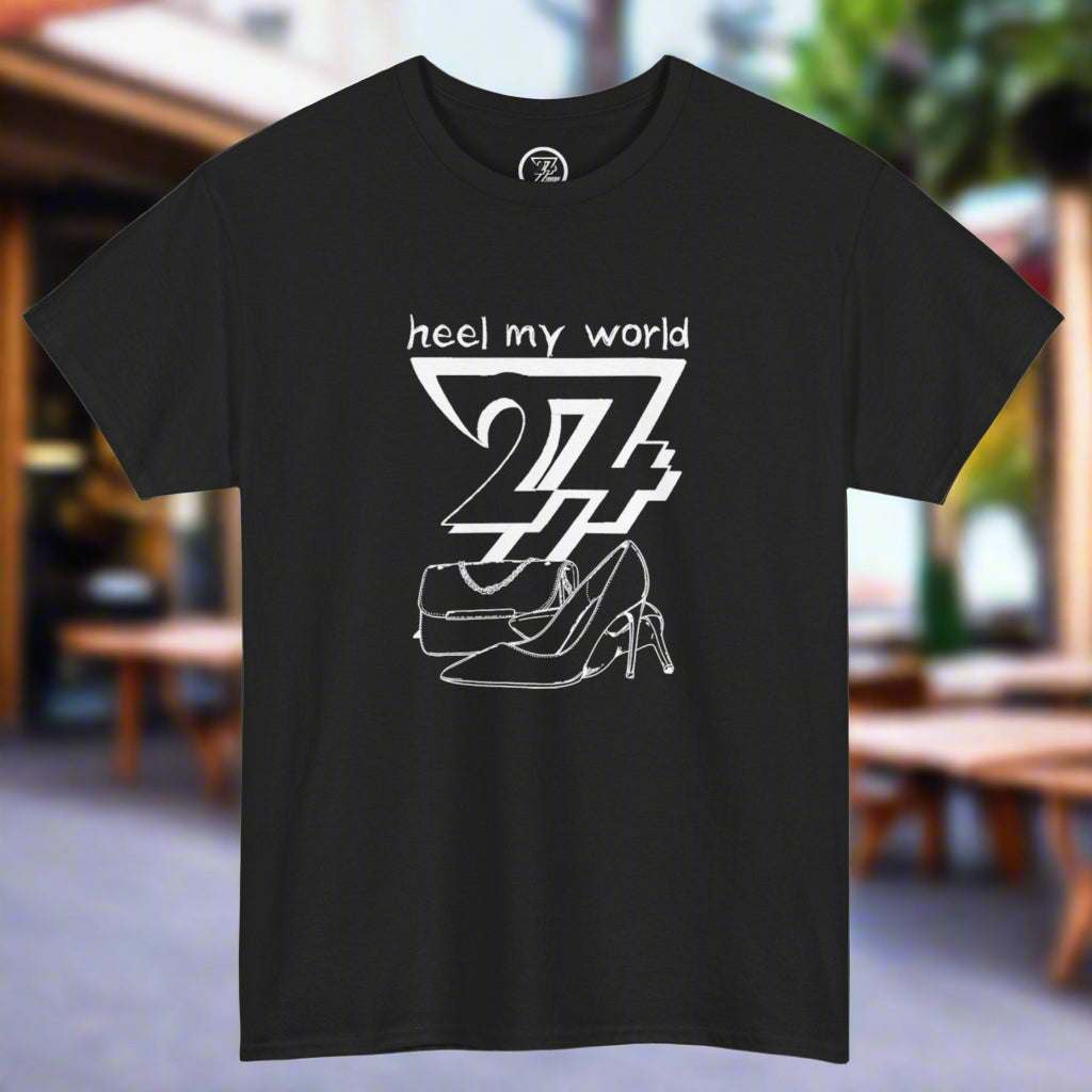 Black art t-shirt with "heel my world" funny quote and high heel graphic, unisex cotton tee