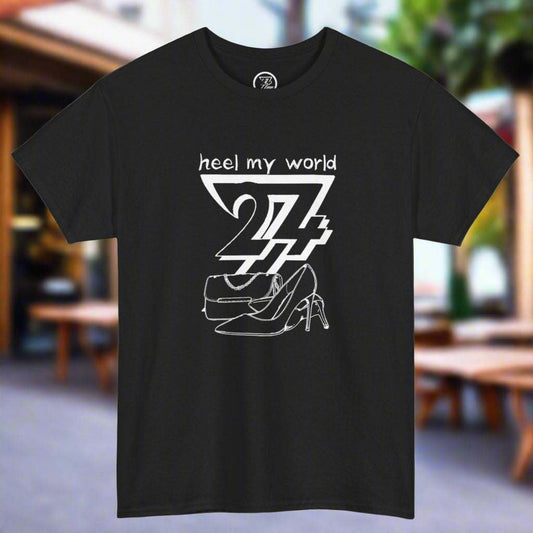 Black art t-shirt with "heel my world" funny quote and high heel graphic, unisex cotton tee