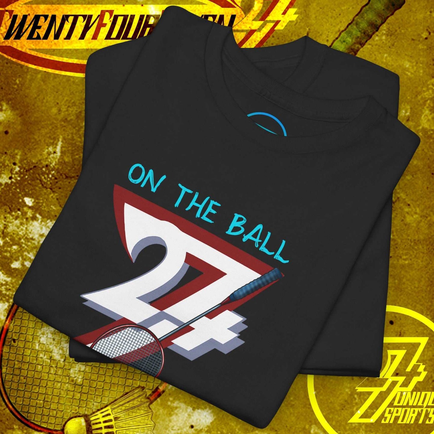 Black badminton hand-drawn graphic tee with "On The Ball 24/7" design and shuttlecock illustration