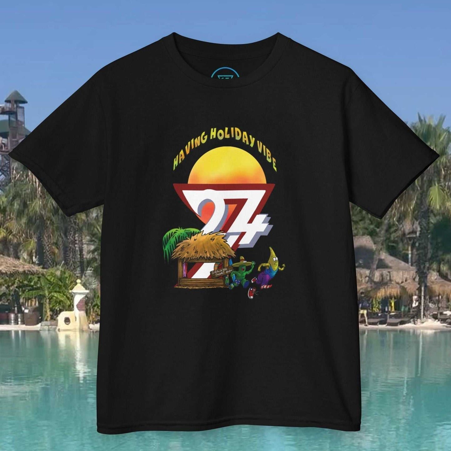 Black banana t-shirt with funny cartoon character and summer holiday beach design for kids