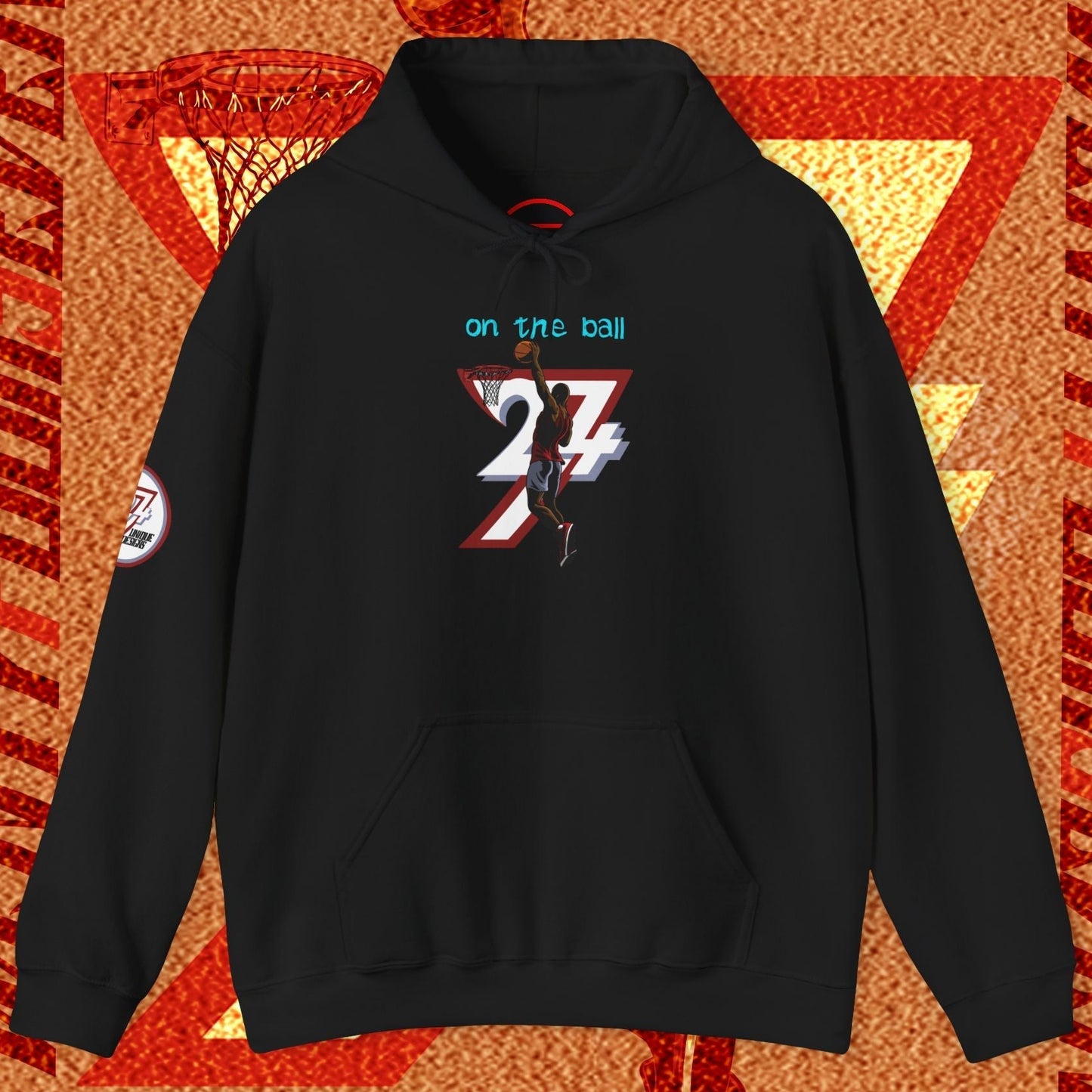 Black basketball hoodie with unique hand-drawn design featuring a player and number 24, adjustable hood, and kangaroo pocket.