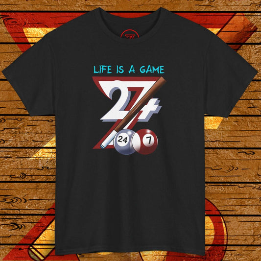 Black billiards tee with hand-drawn pool balls and cues graphic, slogan "Life Is a Game" for pool fans