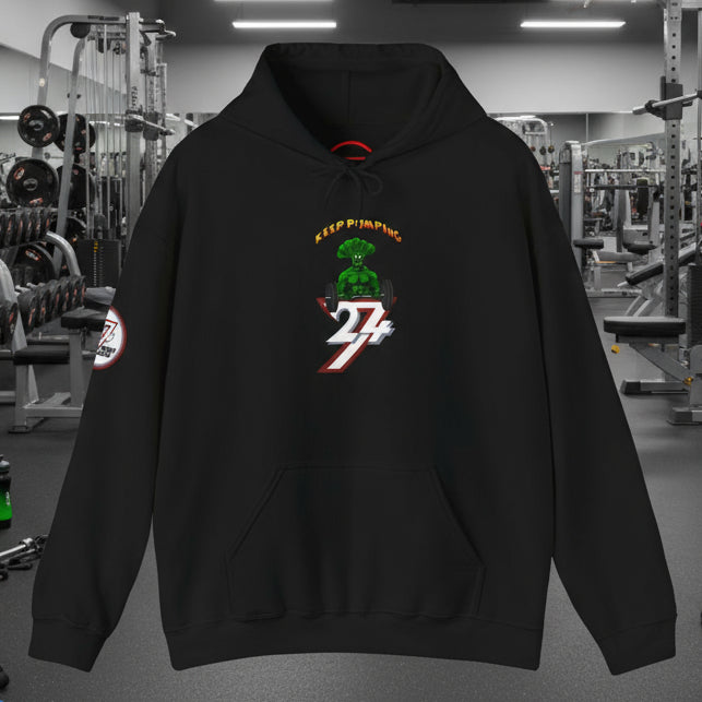 Black broccoli hoodie with cartoon design and front kangaroo pocket by 24/7 Unique Designs