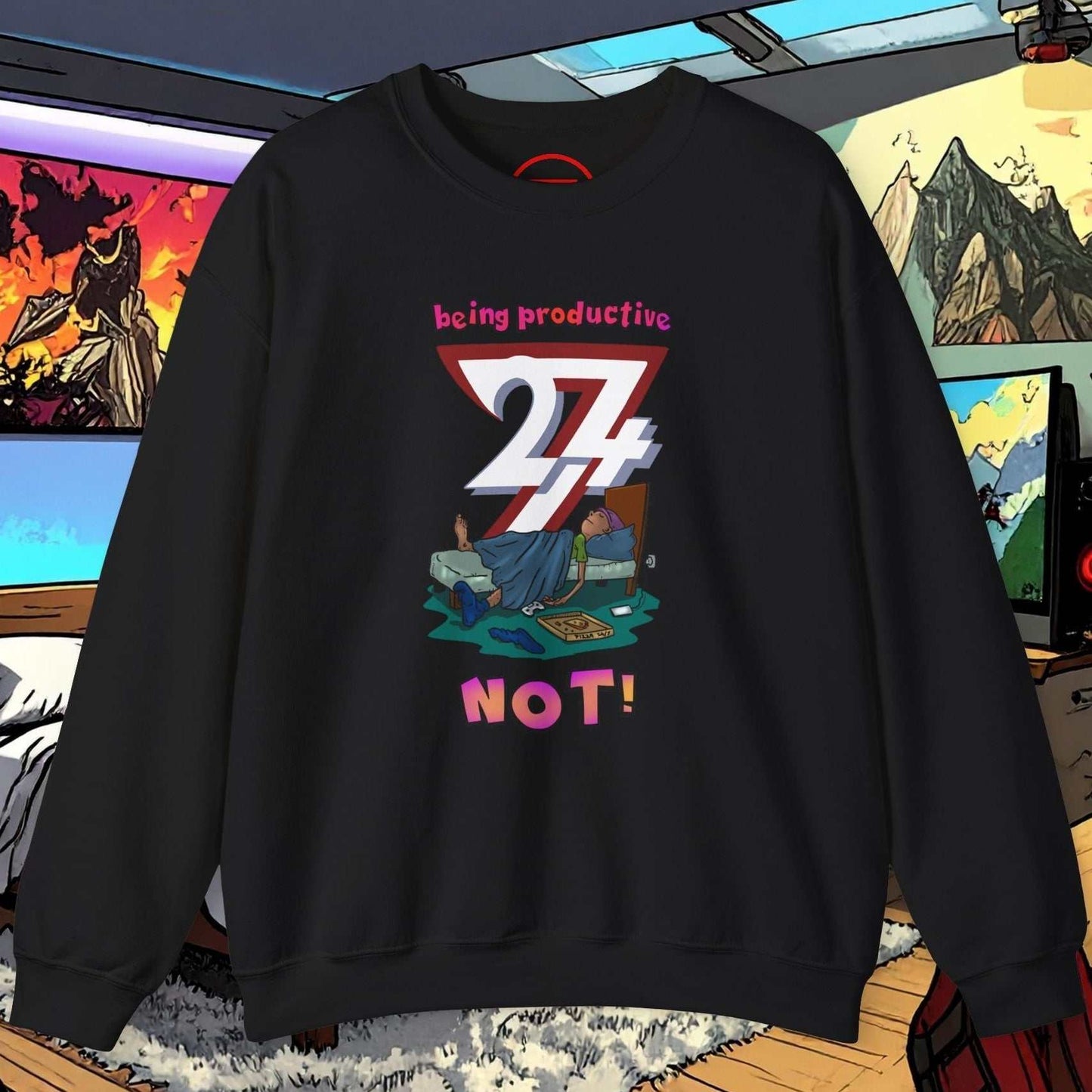 Black unisex sweatshirt with colorful lazy teenager graphic and "being productive 24/7 NOT!" slogan.