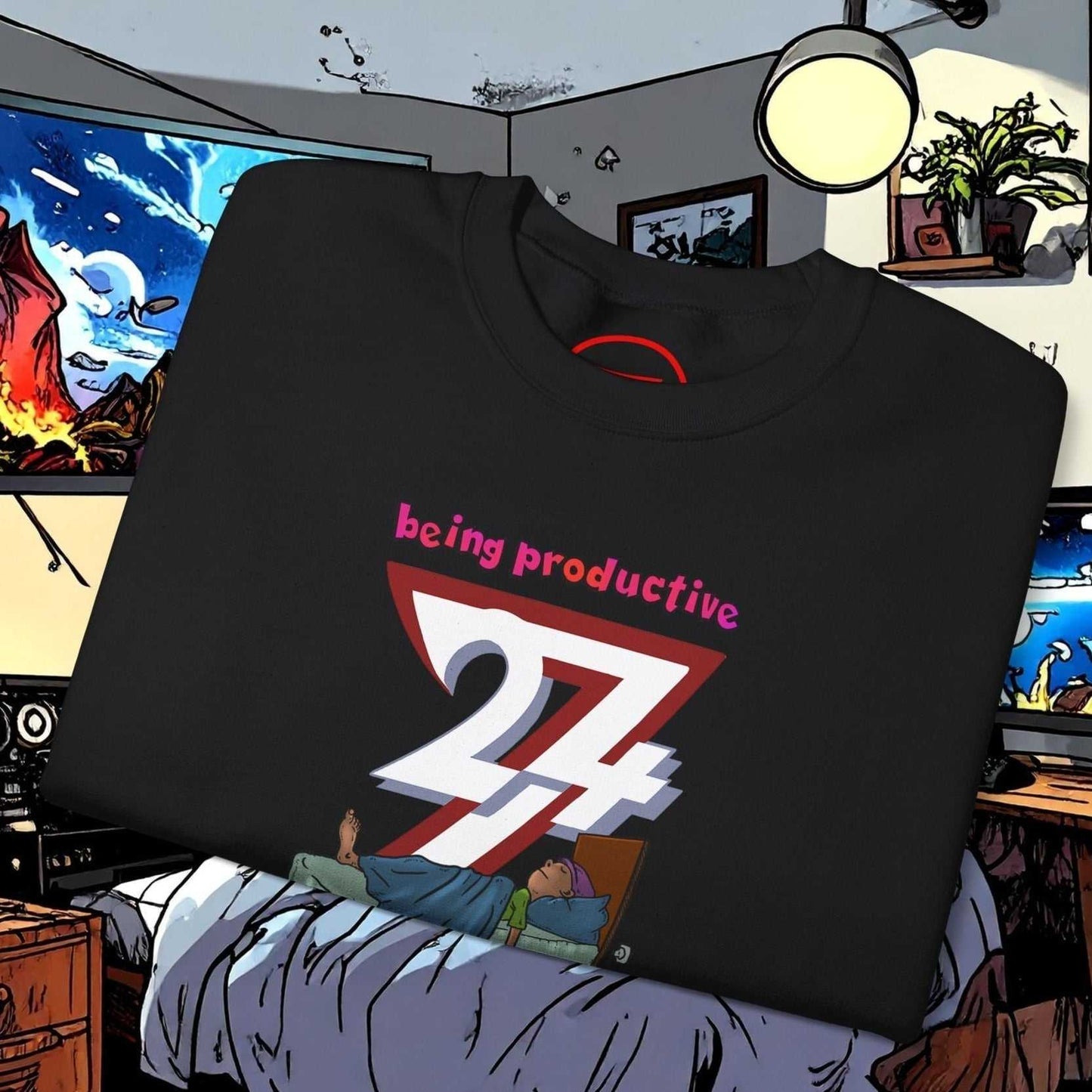 Lazy Teenager Unisex Sweatshirt with colorful hand-drawn lazy teen design and humorous slogan on black fabric