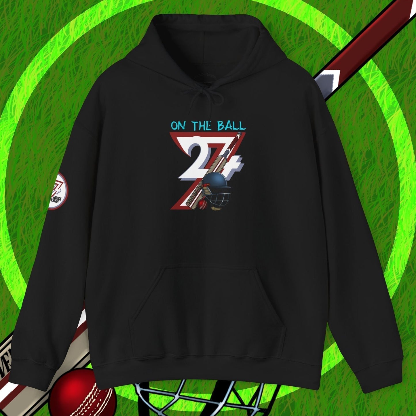 Black cricket hoodie sweatshirt with unique illustration, kangaroo pocket, and drawstring hood, perfect for outdoor sport lovers.