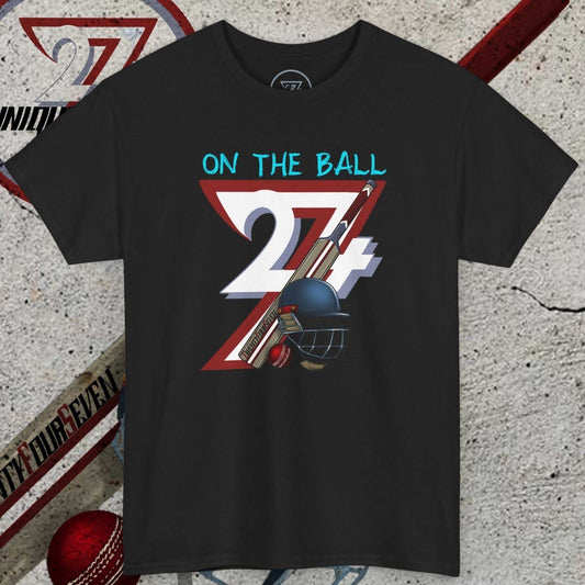 Black cricket tee with hand-drawn 90s style cricket bat, ball, and helmet illustration and text "ON THE BALL 24/7"