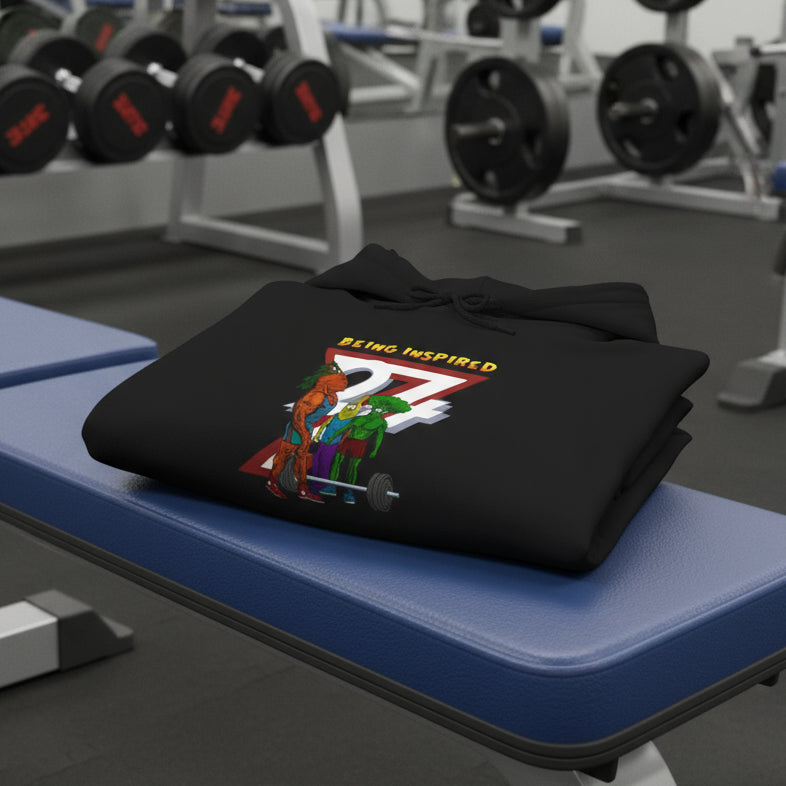 Black custom hoodie with banana and broccoli comic workout characters and "Being Inspired 24/7" text design