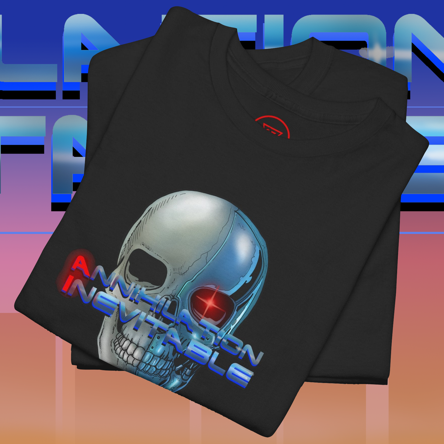 Black cyborg T-shirt with futuristic skull and red eye design featuring "Annihilation Inevitable" text, anti AI protest style.
