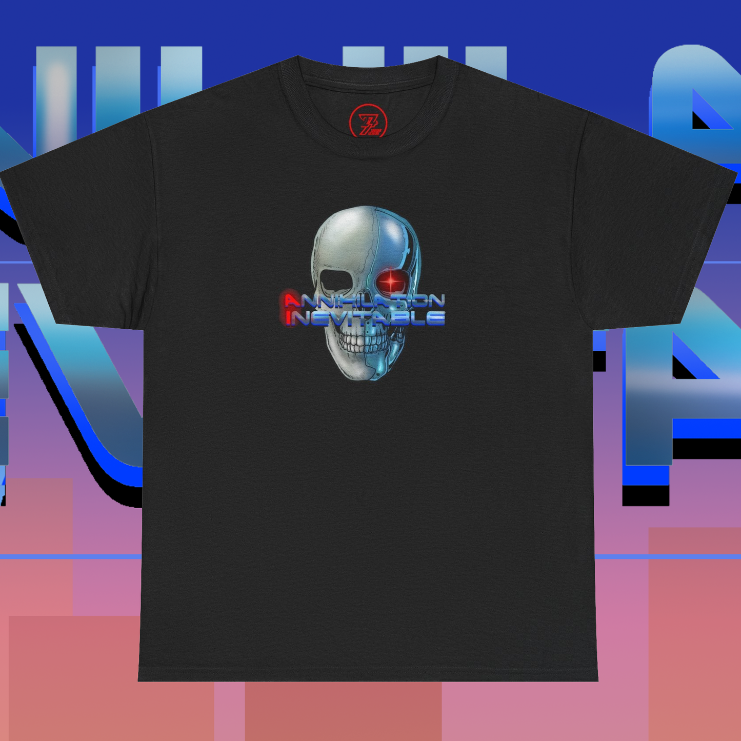 Black cyborg T-shirt with futuristic skull design and "Annihilation Inevitable" text, anti AI theme.