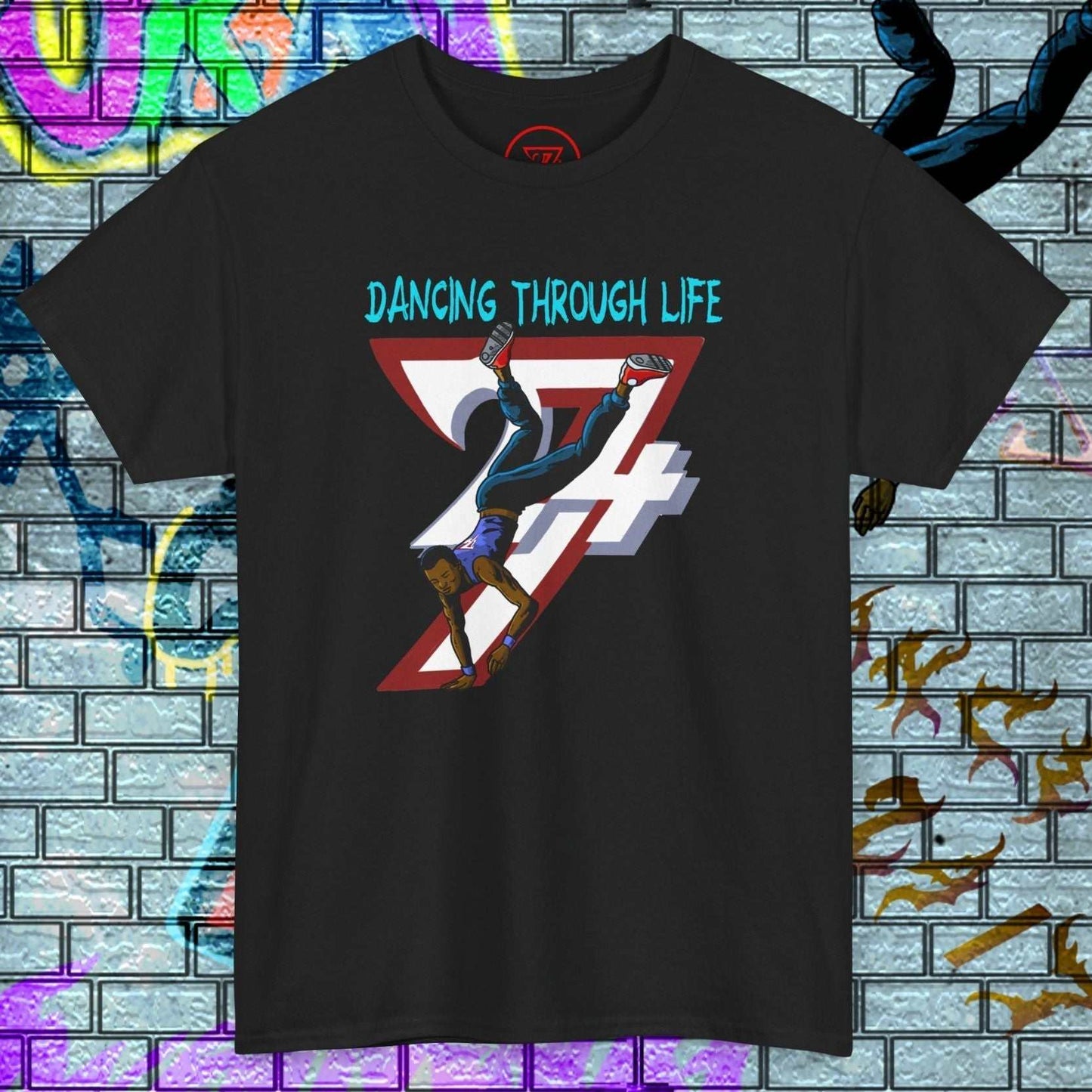 Black dance graphic t-shirt with urban breakdance illustration and "Dancing Through Life" text