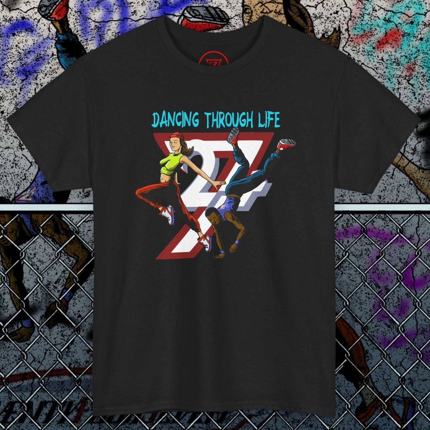 Black dance t-shirt with 90s funky cartoon dancers and "Dancing Through Life" text, lightweight cotton, relaxed fit