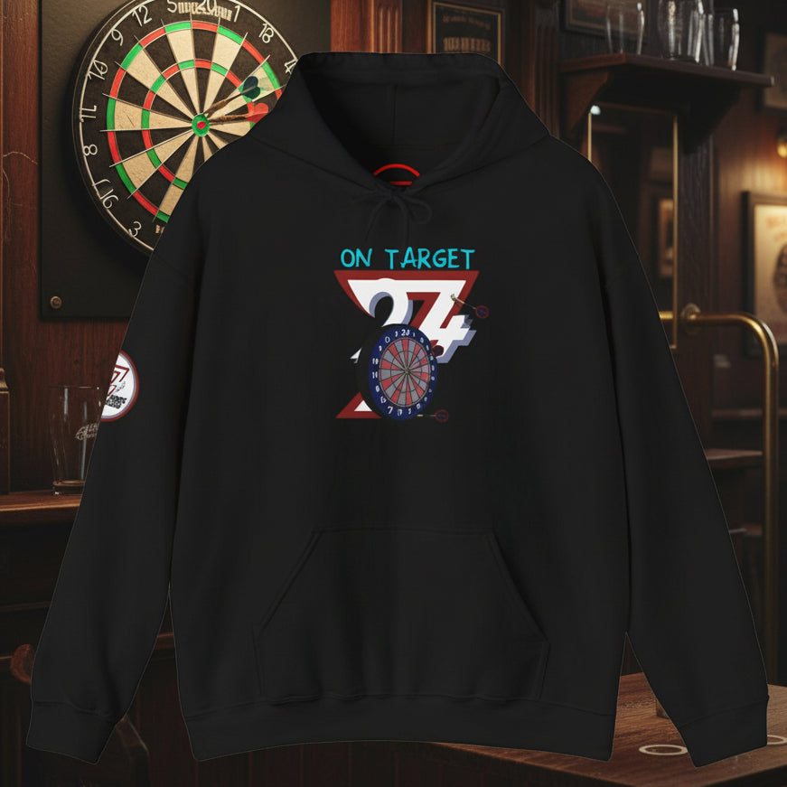 Black darts hoodie with "On Target" illustration and kangaroo pocket by 24/7 Unique Designs