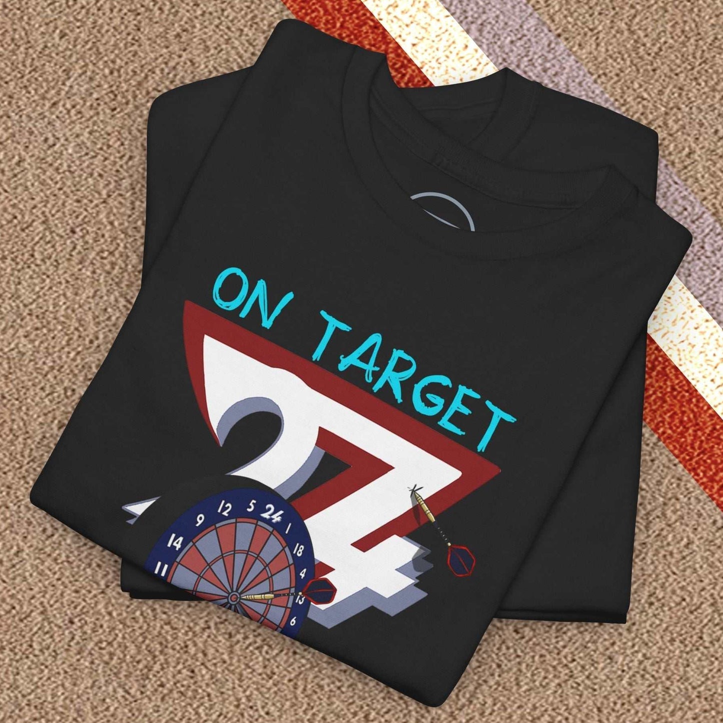 Black darts t-shirt with hand-drawn dartboard and "On Target" graphic, soft cotton game night tee