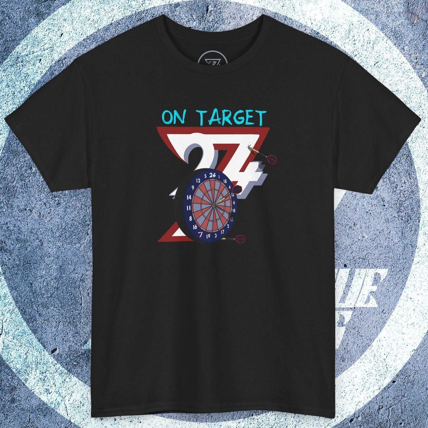 Black darts t-shirt with hand-drawn dartboard and "On Target" text, casual crew neck design, soft durable cotton fabric