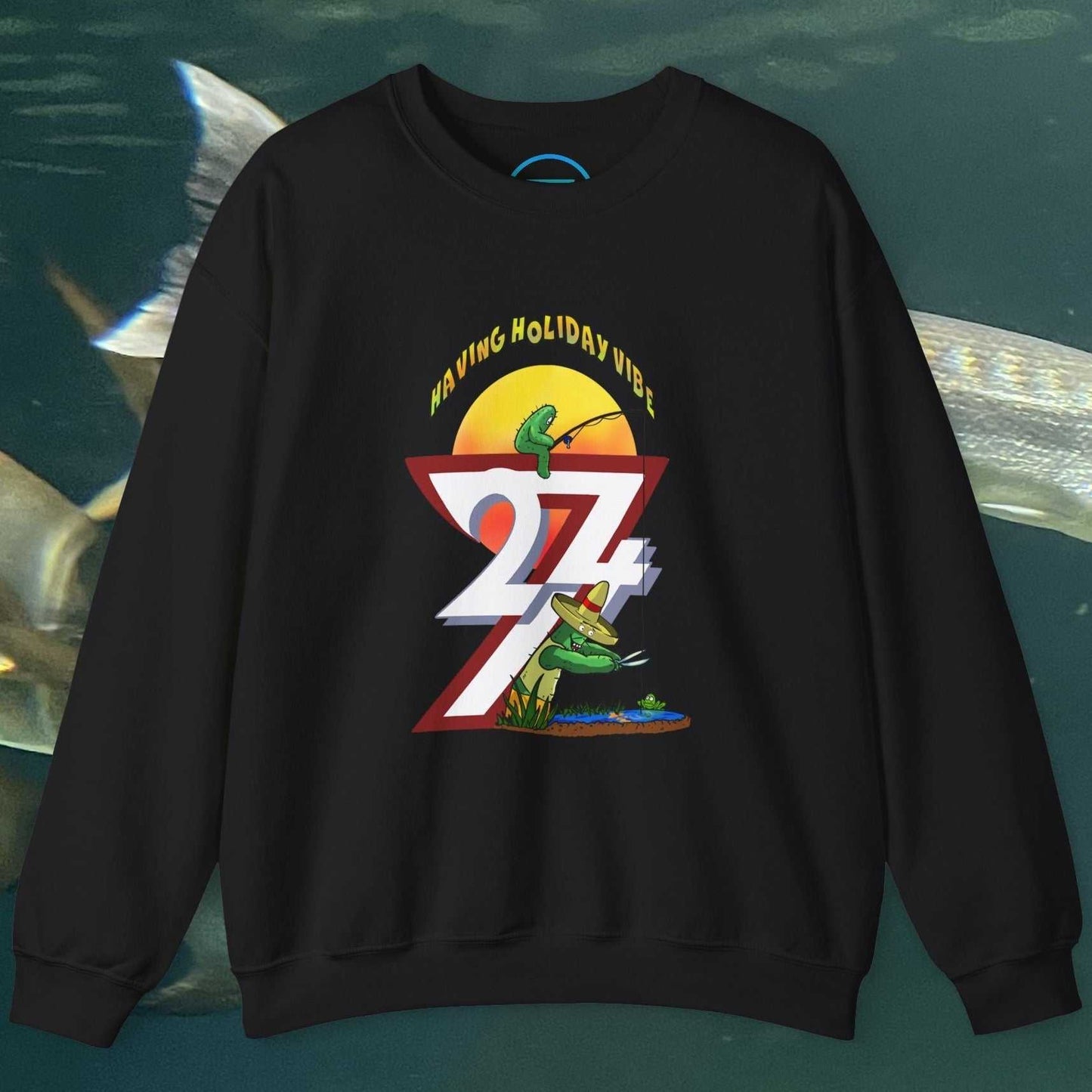 Black fishing cactus sweatshirt with colorful cartoon nature design and bold numbers, casual outdoor style