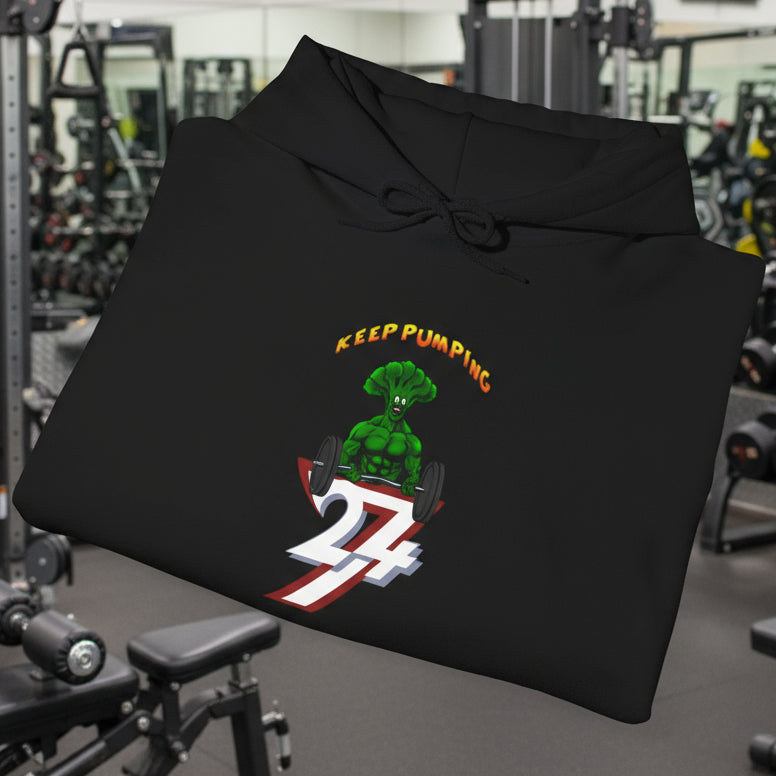 Black folded broccoli hoodie with cartoon muscular broccoli and "KEEP PUMPING 24/7" text design
