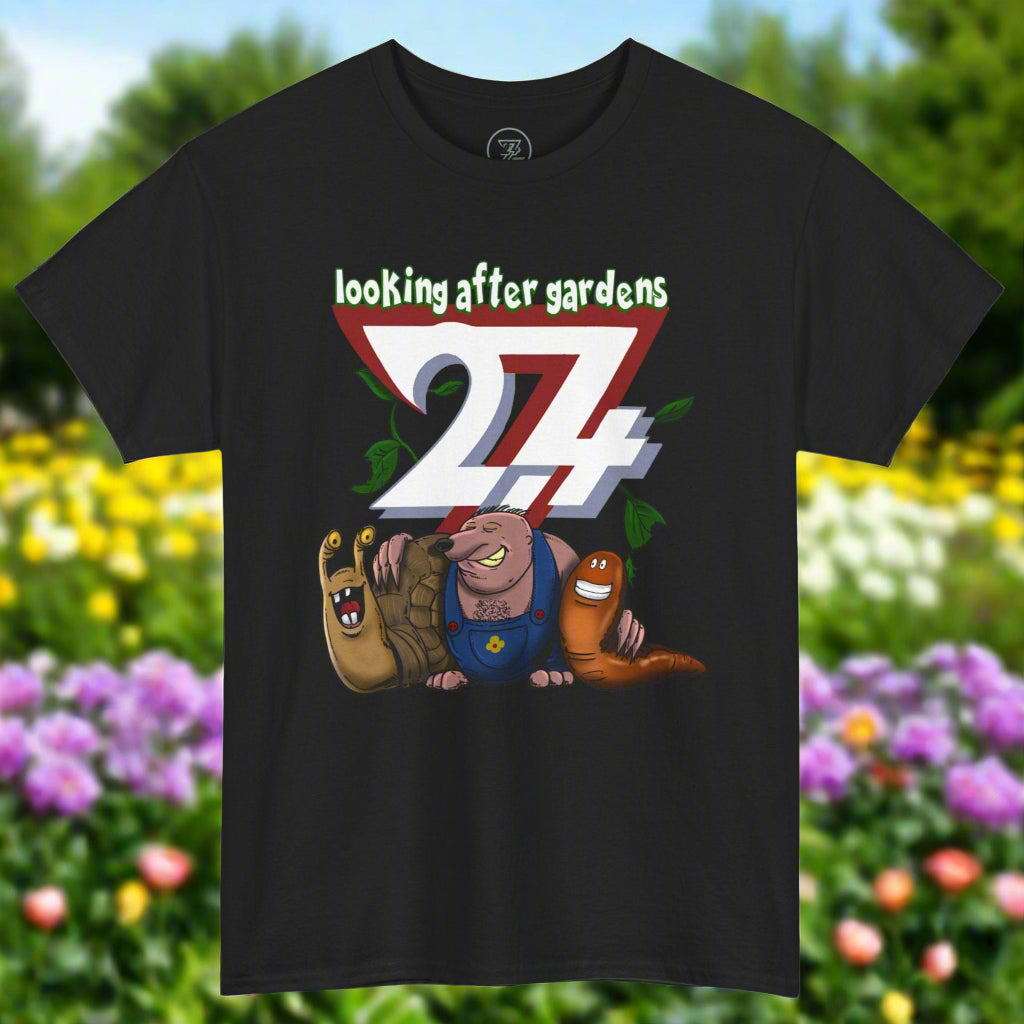 Black fun t-shirt with Gardening Squad cartoon of a slug, mole, and snail and "looking after gardens 24/7" text