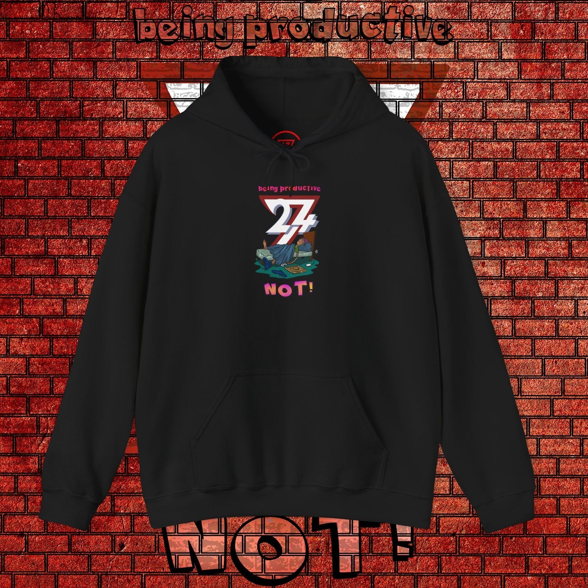 Black funny custom hoodie with colorful lazy teen cartoon design and "being productive 24/7 not!" text.