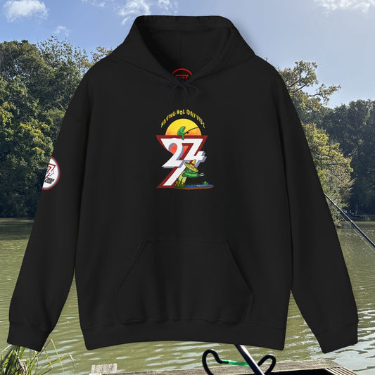 Black funny fishing hoodie with colorful 27 and cactus design, summer holiday style jumper