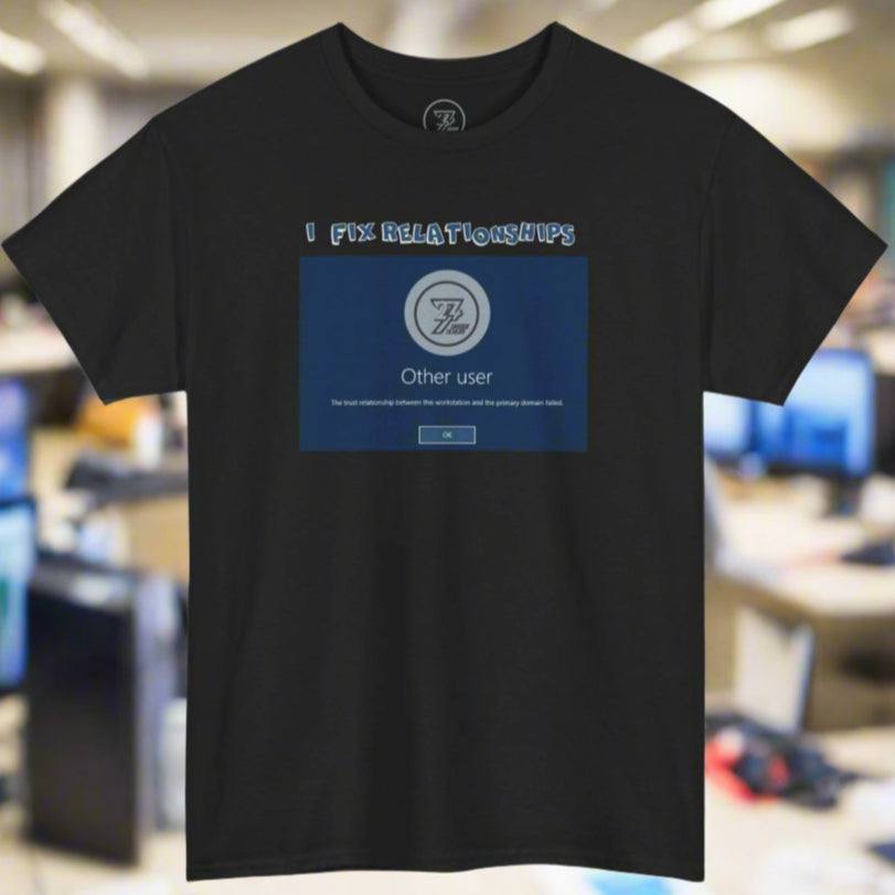 Black funny quote on t-shirt for IT professionals with a humorous "I fix relationships" computer error message design