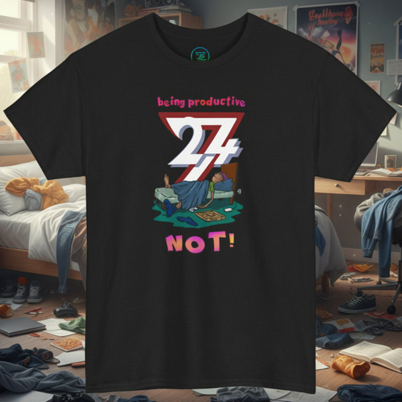 Black funny tee for teenagers with vibrant "being productive 24/7 NOT!" lazy design for birthday and Christmas gifts