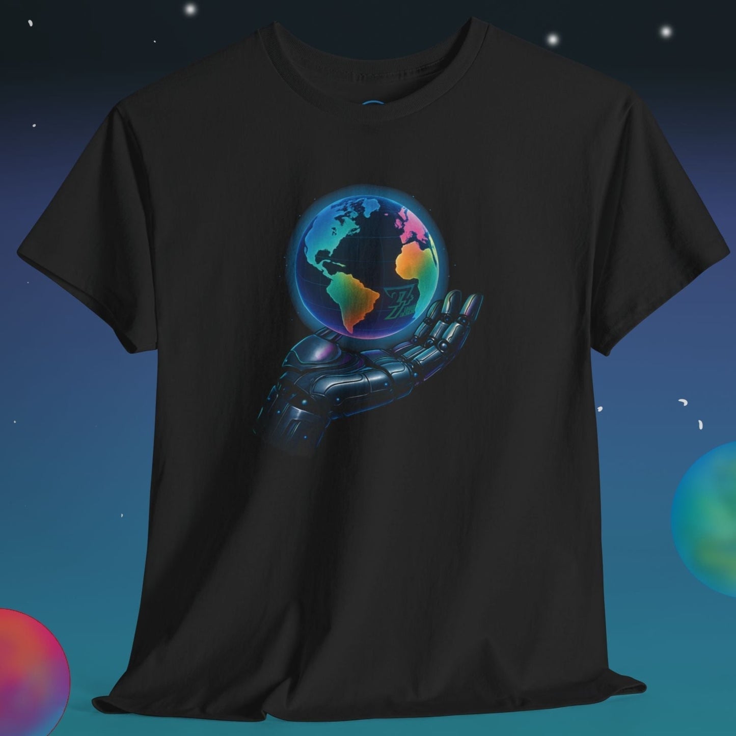 Black futuristic tee with vibrant sci-fi robotic hand holding glowing Earth design
