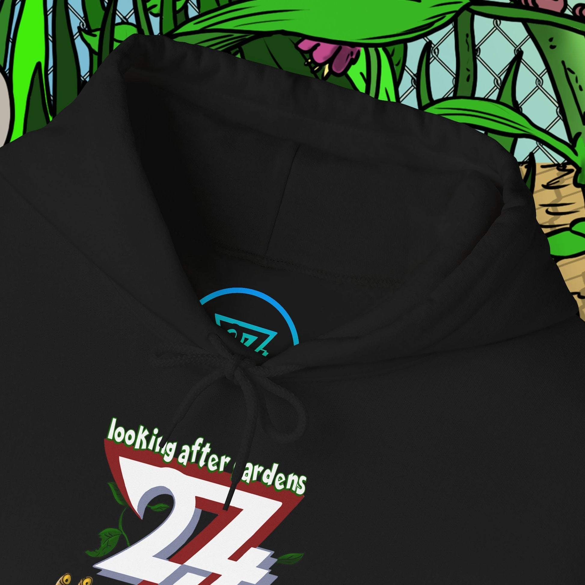 Black gardening hoodie with cute slug, snail, and mole cartoon characters and adjustable drawstring hood.