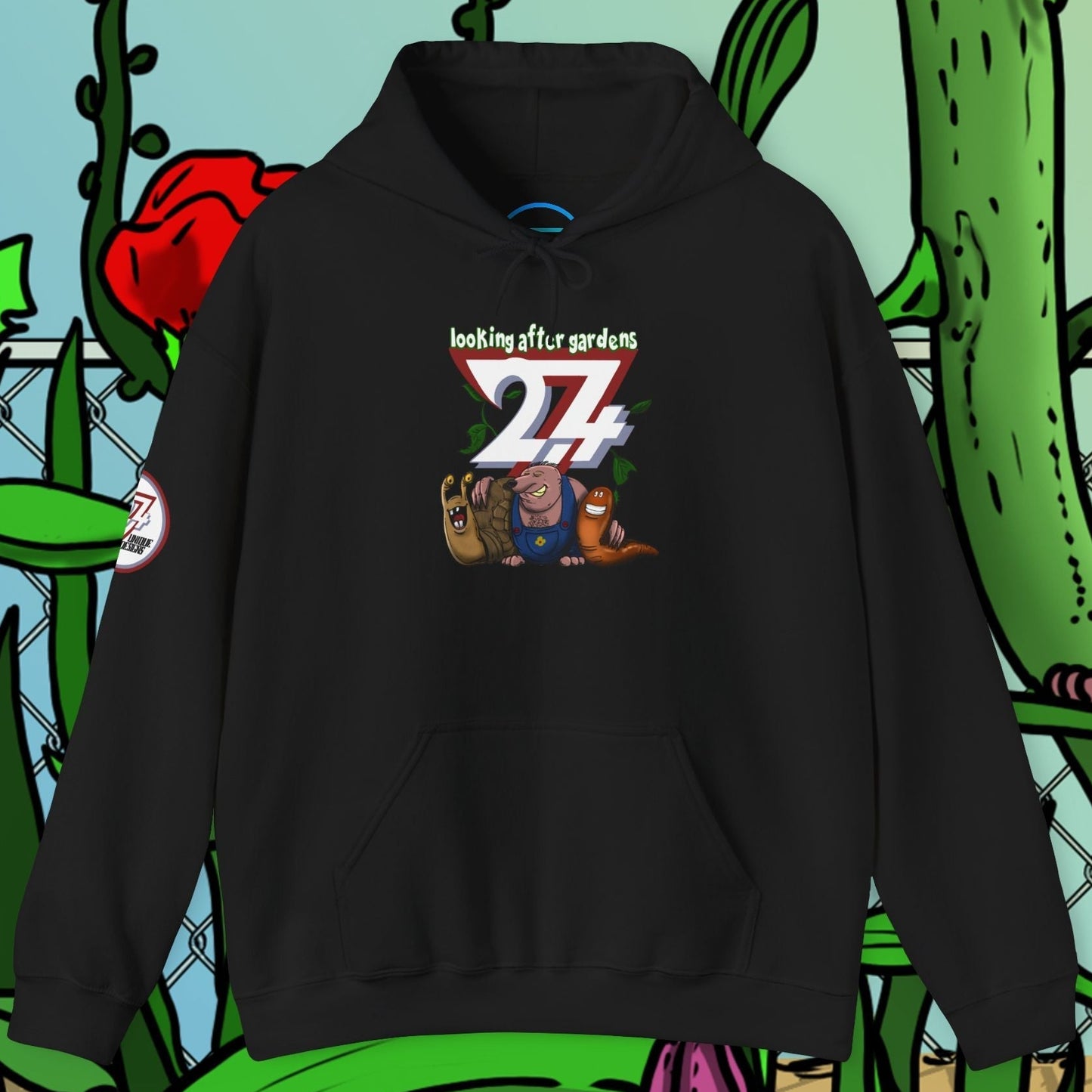 Black gardening hoodie with cute hand-drawn slug, snail, and mole characters and "looking after gardens 24" text design