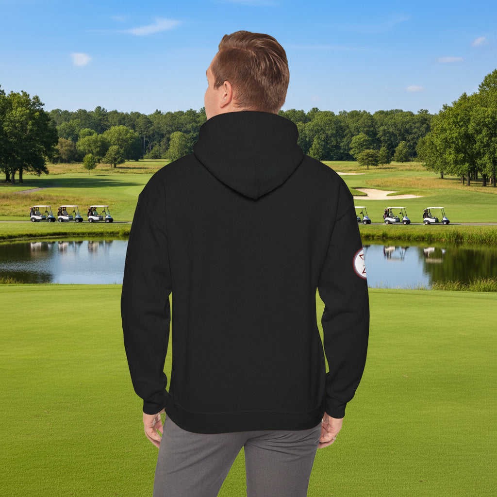 Black golf hoodie with adjustable hood and kangaroo pocket, back view