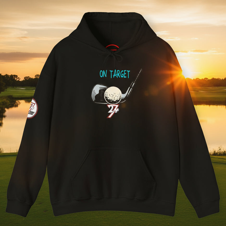 Black golf hoodie with hand-drawn golf club and ball design, "On Target" text, kangaroo pocket, and adjustable hood