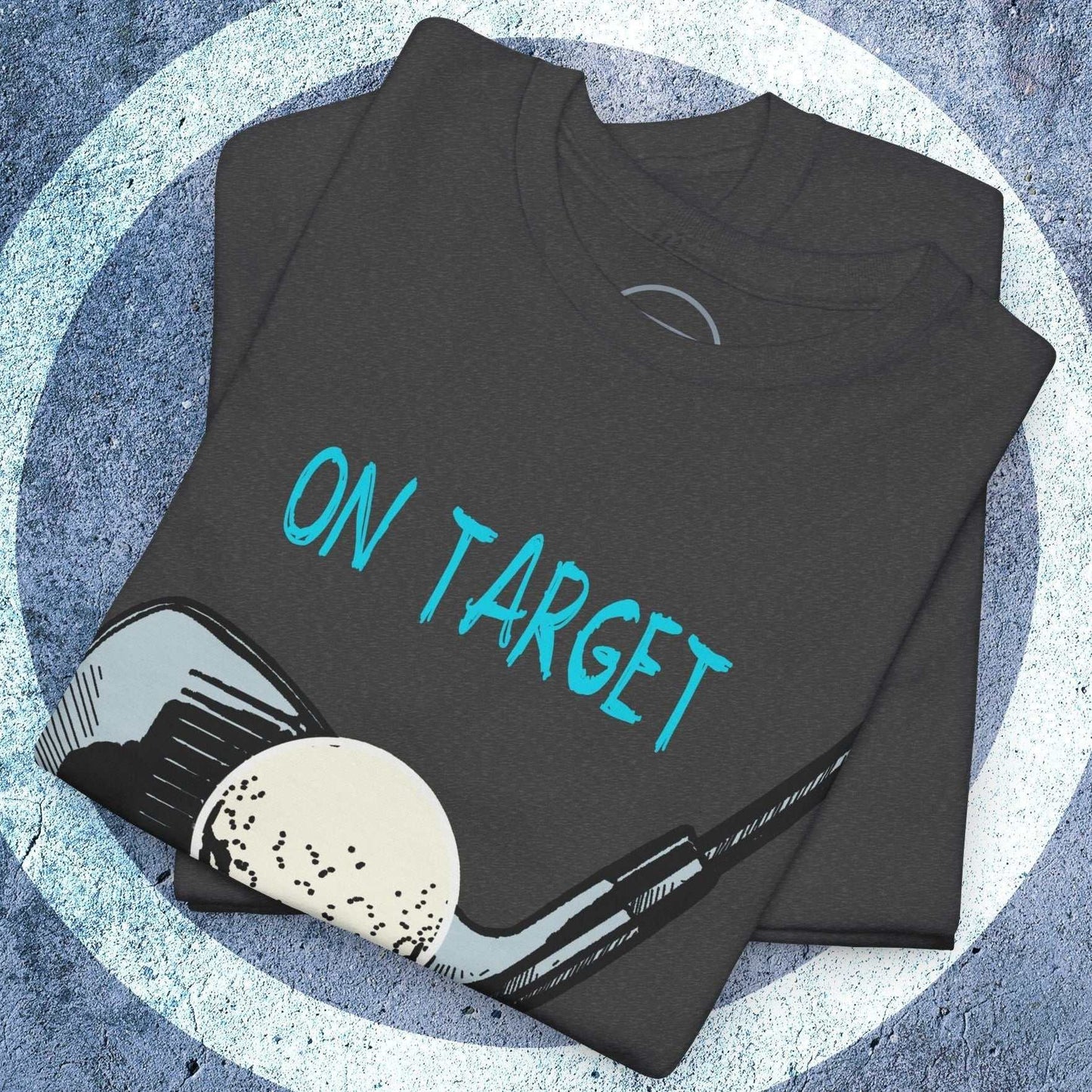Black golf tee illustrated t-shirt with vibrant hand-drawn golf club, ball, and "ON TARGET" text design