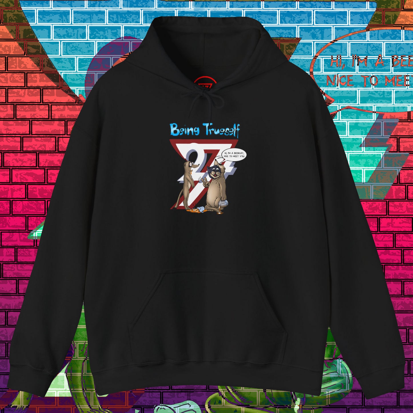 Black hoodie with cartoon meerkat and cat illustration and "Being True-self" text design.