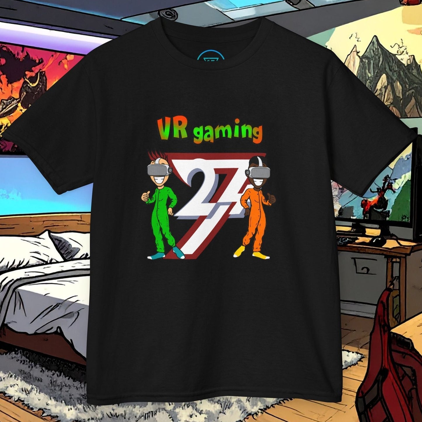 Black kids VR gaming t-shirt with colorful hand-drawn cartoon characters wearing VR headsets in a gaming room setting