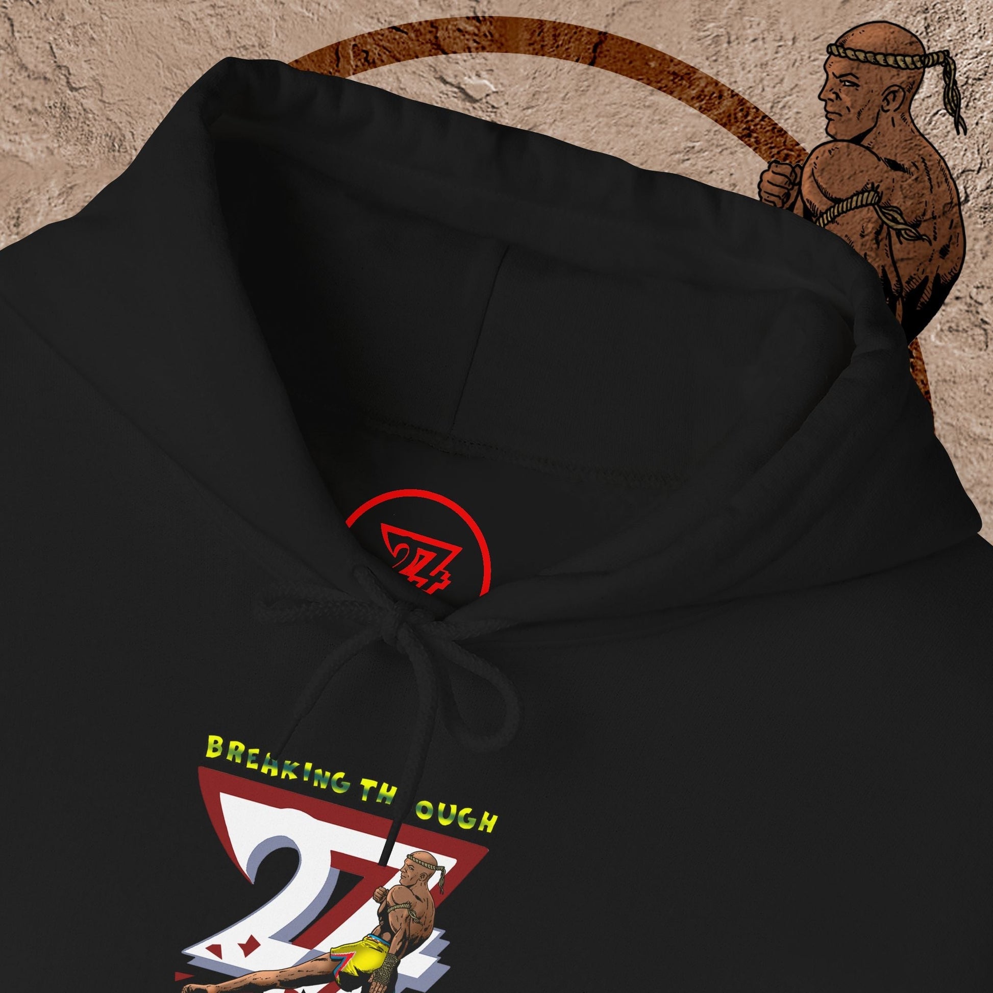 Black muay thai hooded sweatshirt with fighter graphic and inspirational text, kangaroo pocket, adjustable drawstring hood.