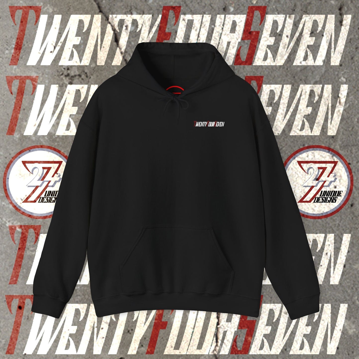 Black printed hoodie with twentyfourseven logo, kangaroo pocket, and adjustable drawstring hood