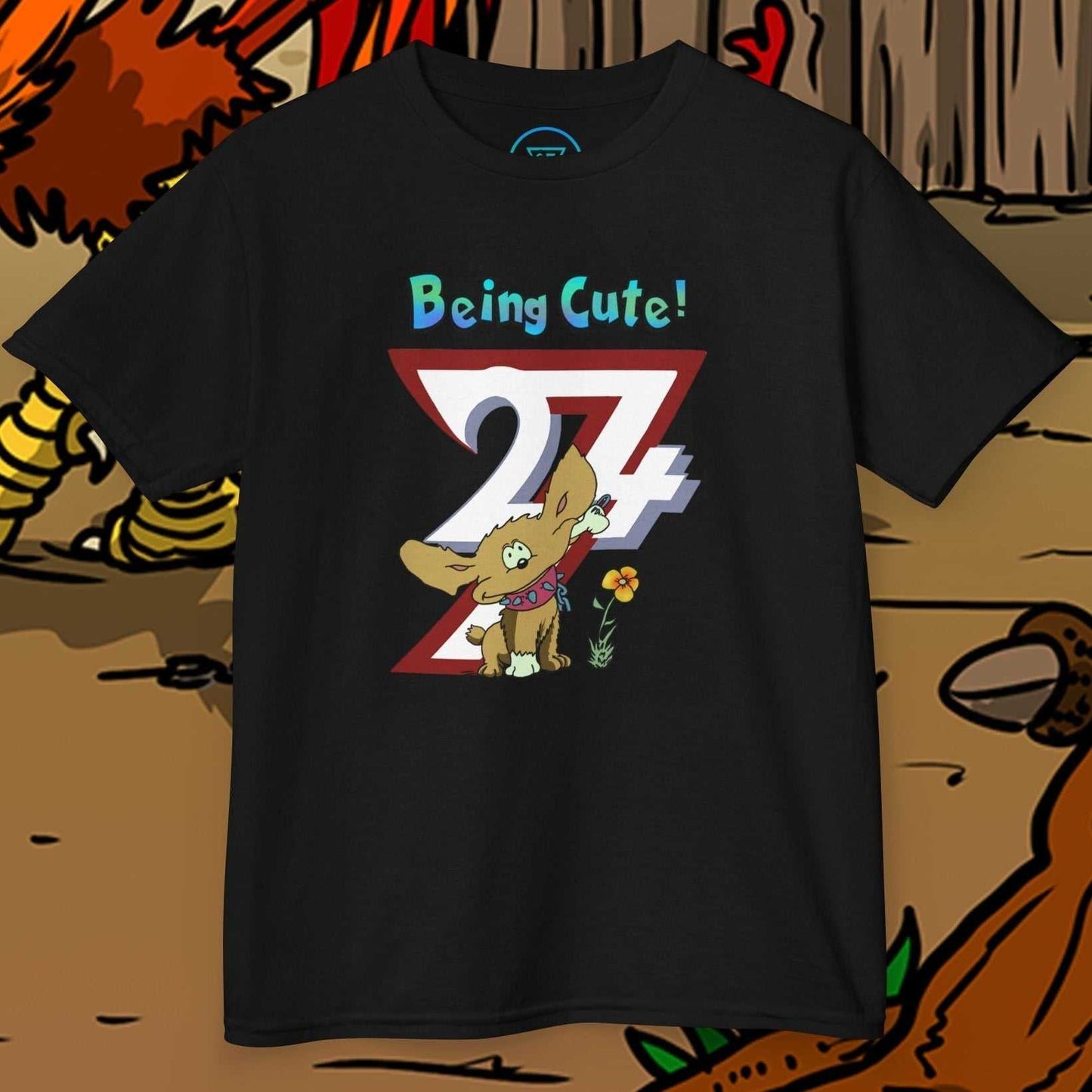 Black puppy kids t-shirt with hand-drawn cartoon dog and "Being Cute!" text design