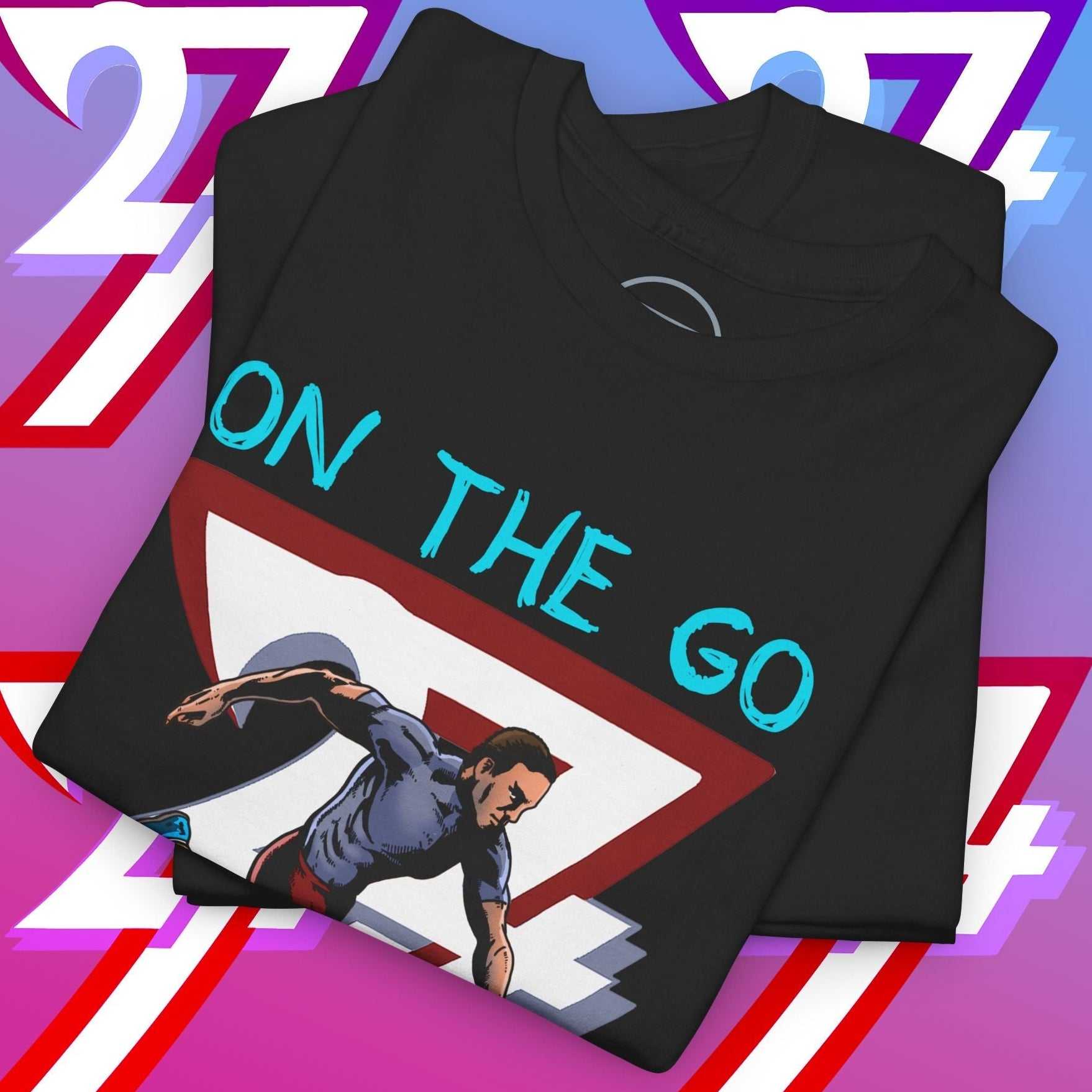 Black running T-shirt with hand-drawn comic-style runner illustration and "ON THE GO" text, lightweight and durable activewear for training and lifestyle