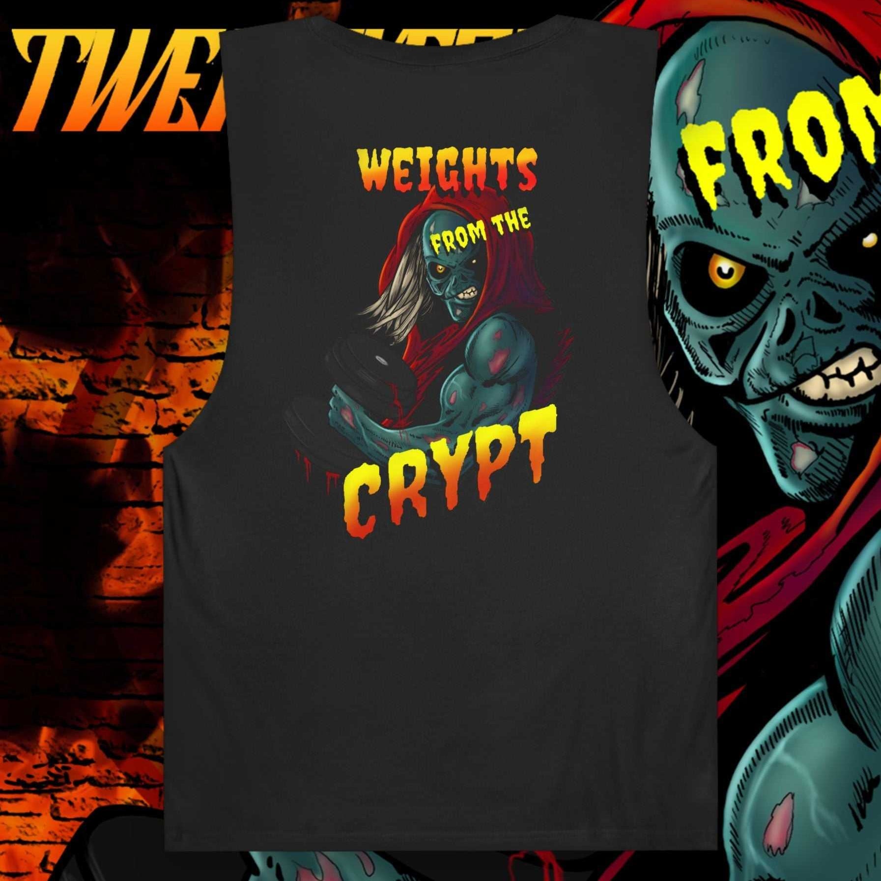 Black sleeveless gym tank top with colorful horror comic-style illustration and "Weights From the Crypt" text on the back