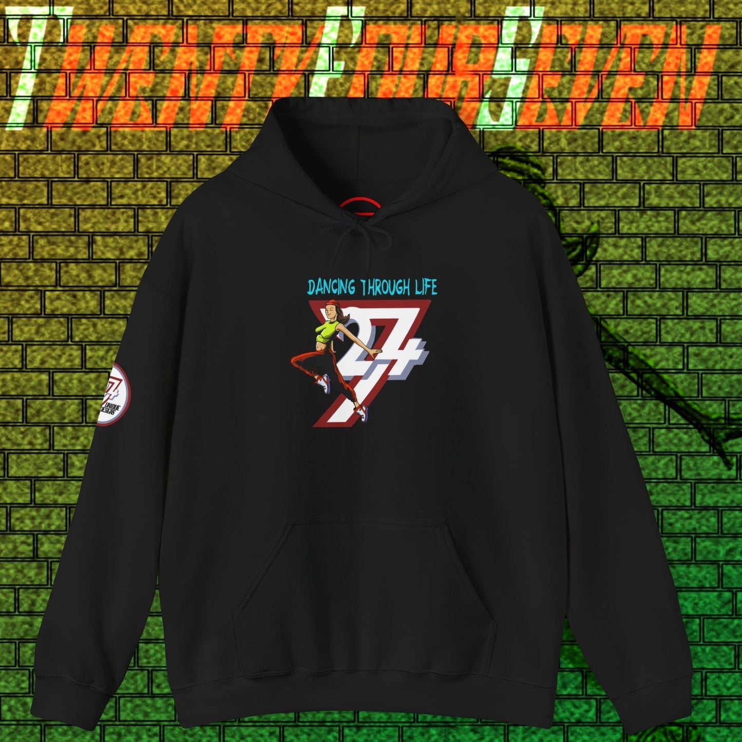 Black street dance hoodie for women with hand-drawn dancer illustration and kangaroo pocket, urban stylish comfort