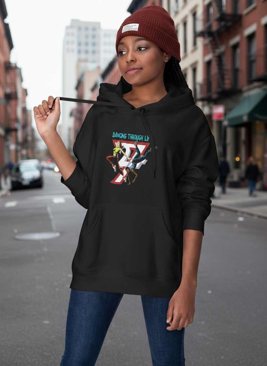 Black streetwear hoodie with dancing graphic print, kangaroo pocket, and adjustable drawstring hood for urban style.