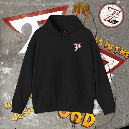 Black stylish hoodie with twentyfourseven logo, kangaroo pocket, and adjustable hood, cozy streetwear gift