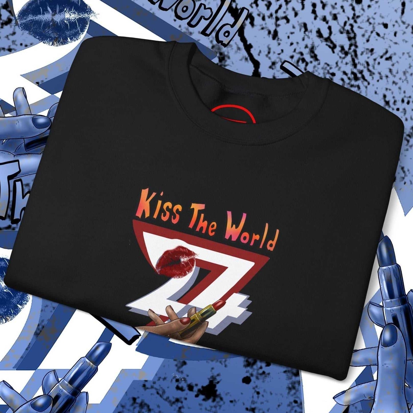 Black sweatshirt with bold lipstick print and "Kiss The World" text, artistic women's crewneck design