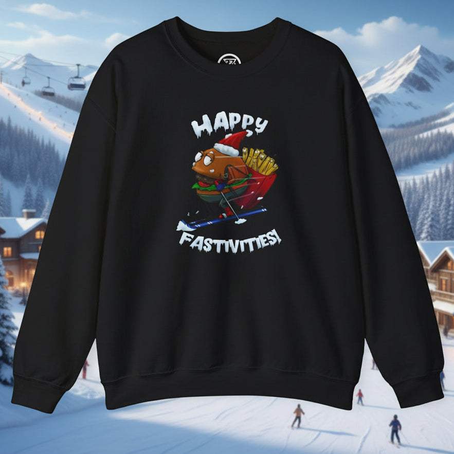 Black sweatshirt with skiing Santa Claus burger cartoon and festive "Happy Fastivities" text Christmas burger design