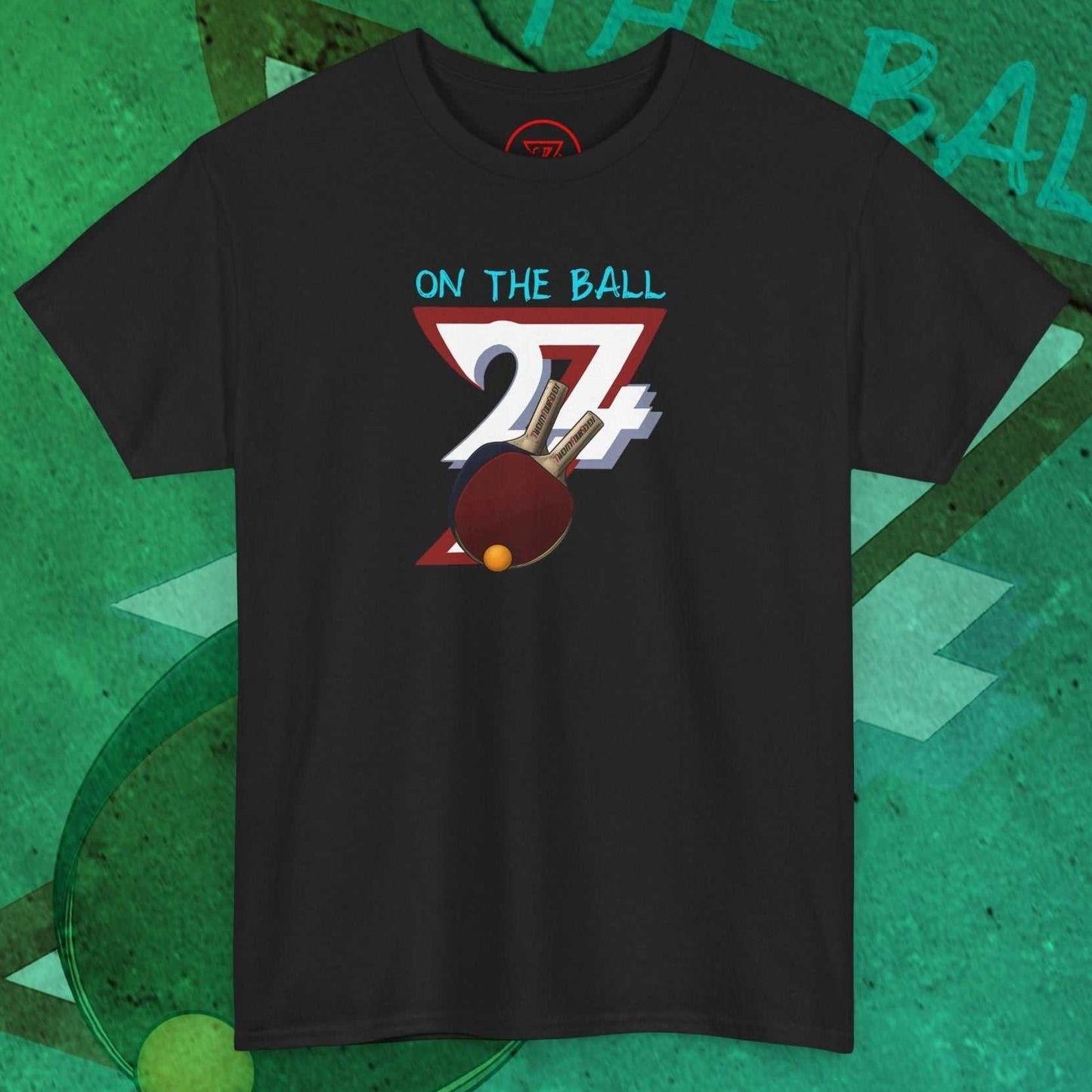 Black table tennis t-shirt with hand-drawn 90s style ping pong graphic and "On The Ball" text