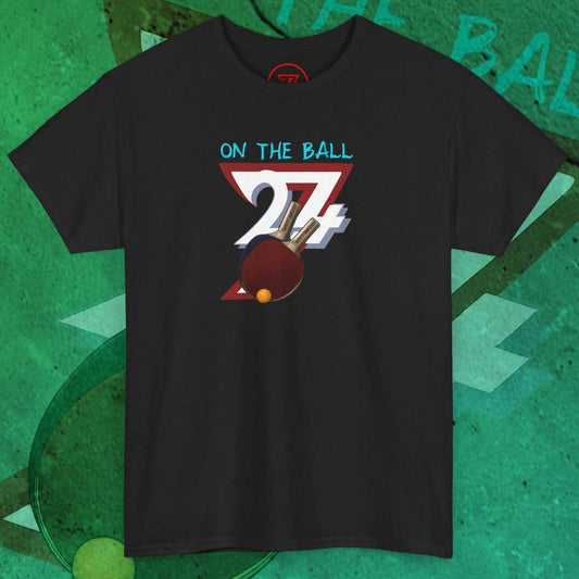 Black table tennis t-shirt with hand-drawn 90s style ping pong graphic and "On The Ball" text