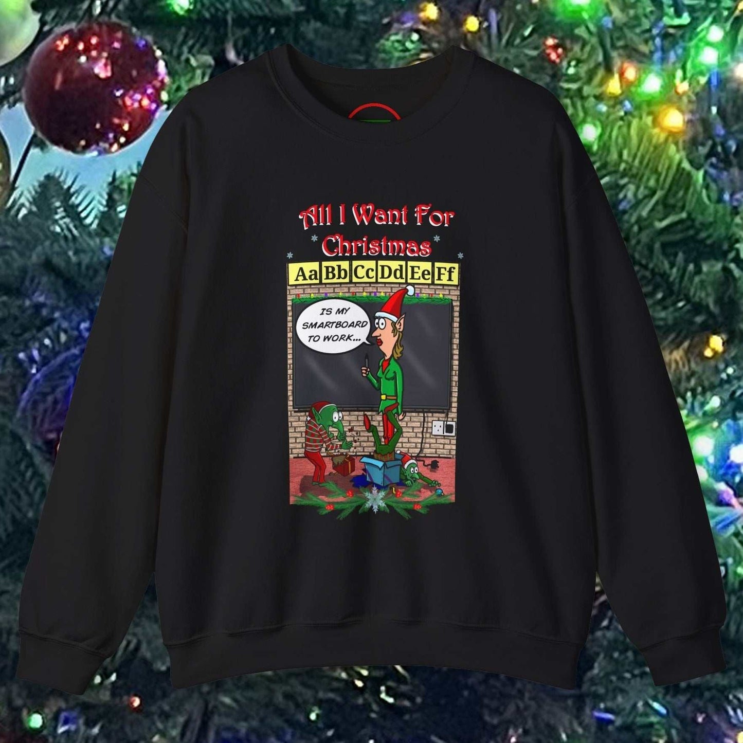 Black teacher Christmas sweatshirt with funny cartoon design and festive holiday message