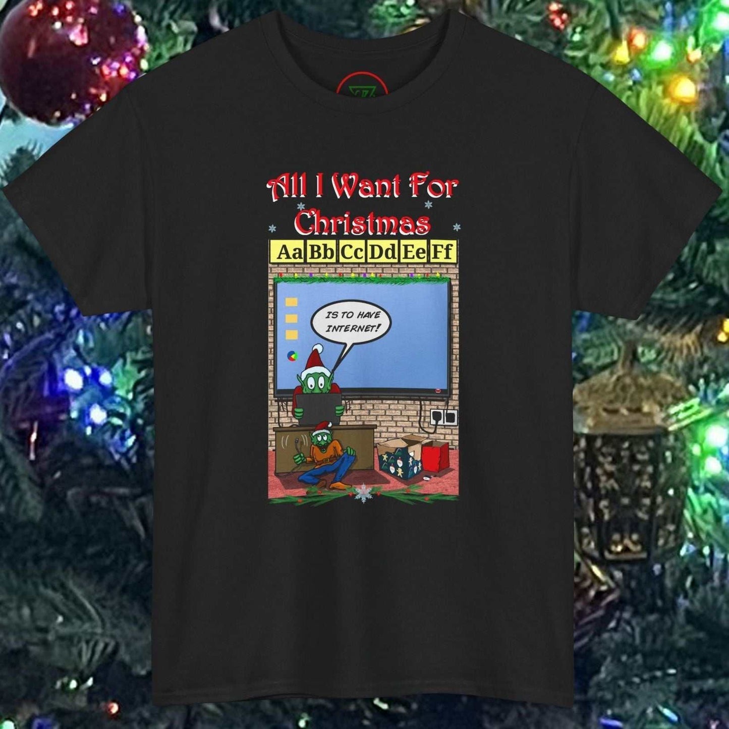 Black teacher elf t-shirt with cartoon Christmas design reading "All I Want For Christmas" and classroom scene.