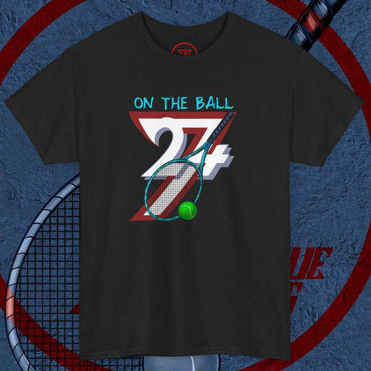 Black tennis sport T-shirt with hand-drawn vintage-style racket and ball design, "On The Ball" text, comfortable fit for players and fans